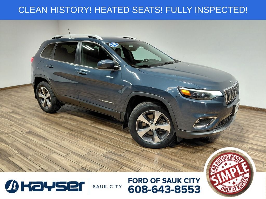 2019 Jeep Cherokee Limited in Blue Shade Pearlcoat — front three-quarter view