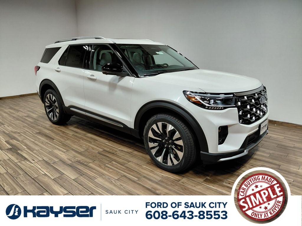 2026 Ford Explorer Platinum in White Metallic — front three-quarter view
