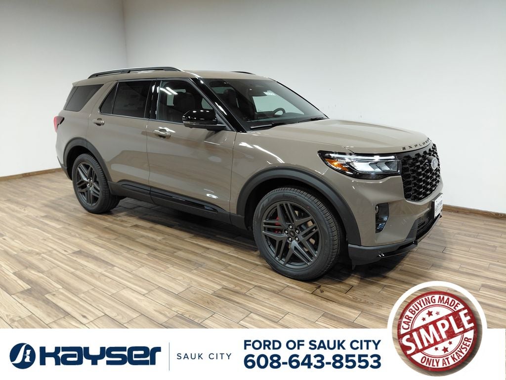 2026 Ford Explorer ST-Line in Marsh Gray — front three-quarter view